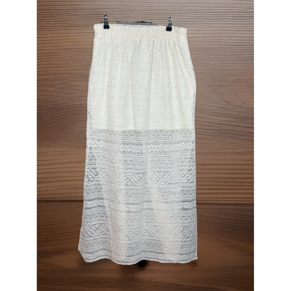 Stooshy Beige Lace Long‎ Skirt Sheer Overlay Elastic Waist Boho Hippie Sz L